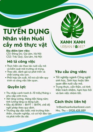 ĐÔNG DƯ - GIA LÂM CẦN TUYỂN NHÂN VIÊN NUÔI CẤY MÔ